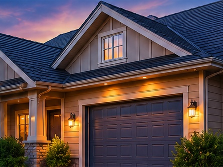A welcoming home with a shingle roof at sunset